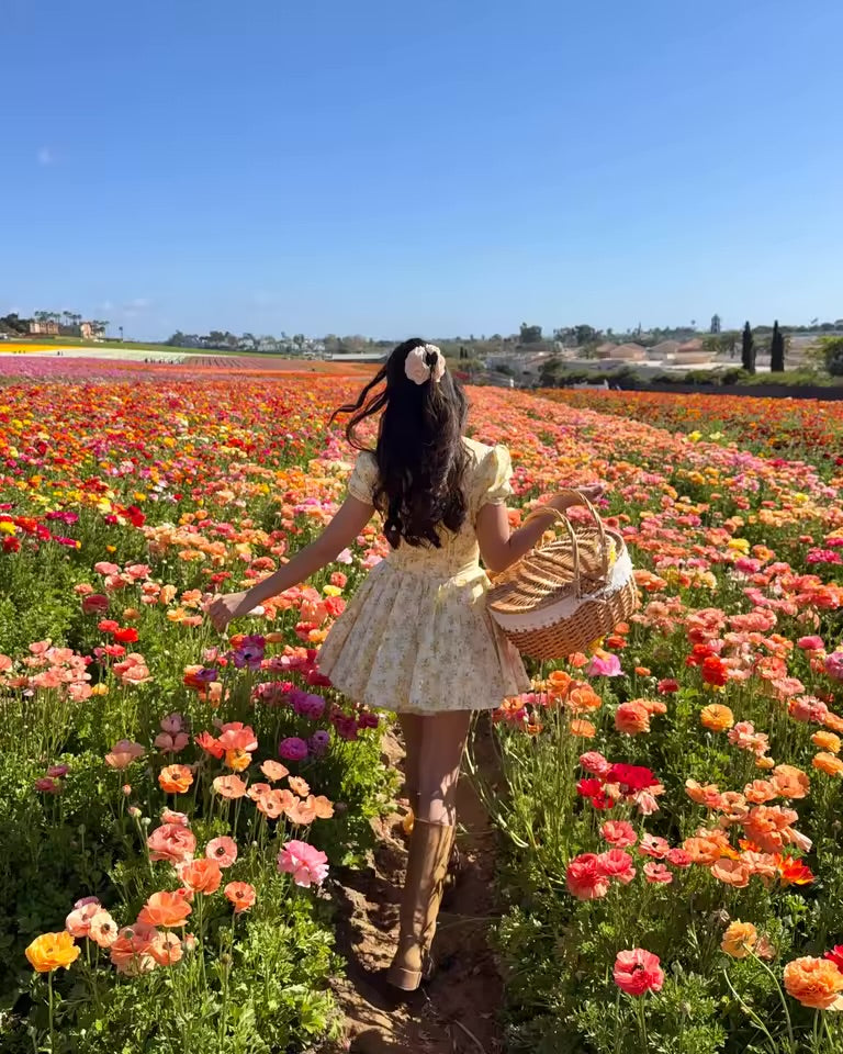 Vestido Mini Amarelo Floral com Decote em V e Mangas Bufantes Suninbox para Mulheres, Vestido de Festa de Verão