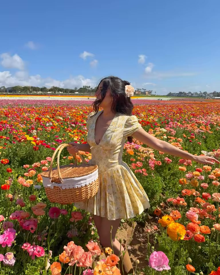 Vestido Mini Amarelo Floral com Decote em V e Mangas Bufantes Suninbox para Mulheres, Vestido de Festa de Verão