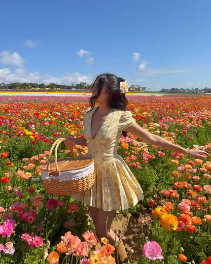 Vestido Mini Amarelo Floral com Decote em V e Mangas Bufantes Suninbox para Mulheres, Vestido de Festa de Verão