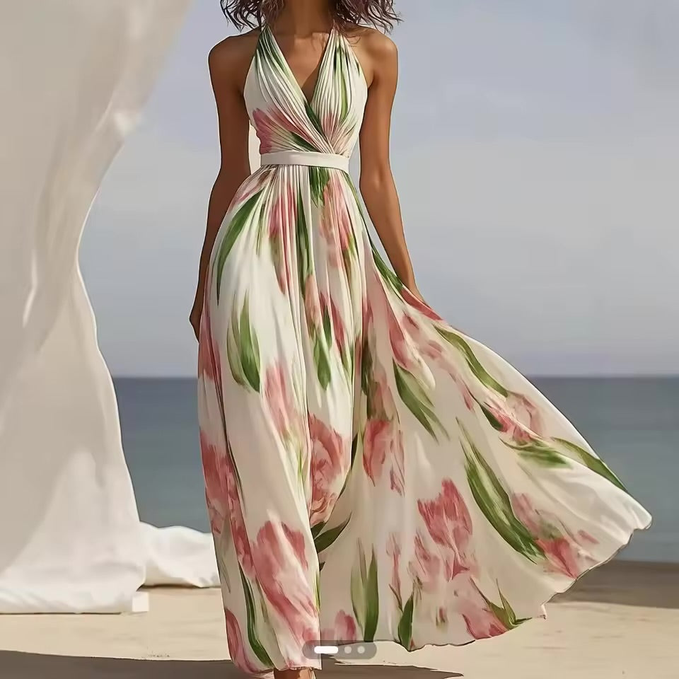 Vestido Feminino Casual de Verão 2026: Novo, Moderno, Estampado, Decote V, Sem Mangas, Comprimento até o Tornozelo, Tendência para Férias