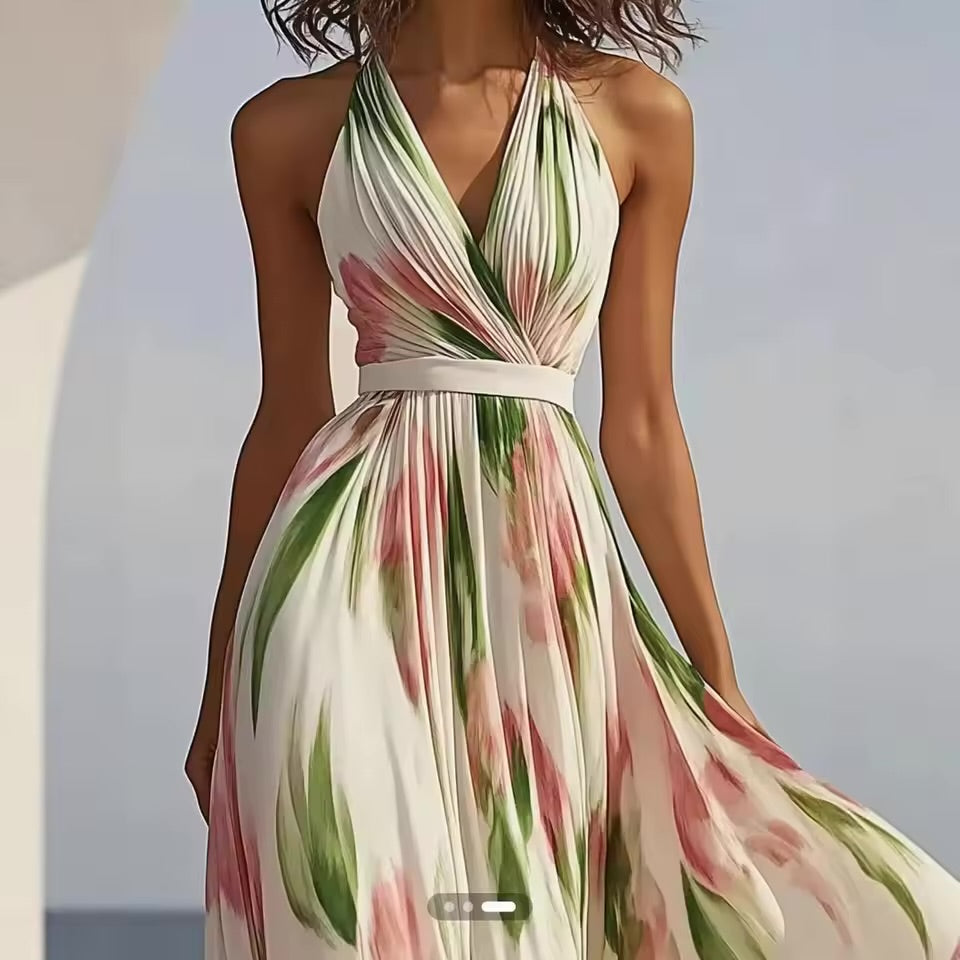 Vestido Feminino Casual de Verão 2026: Novo, Moderno, Estampado, Decote V, Sem Mangas, Comprimento até o Tornozelo, Tendência para Férias