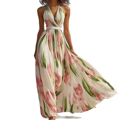 Vestido Feminino Casual de Verão 2026: Novo, Moderno, Estampado, Decote V, Sem Mangas, Comprimento até o Tornozelo, Tendência para Férias