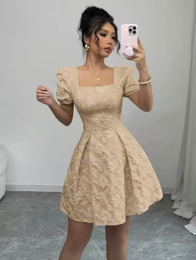 Vestidos boho mujer verano verão quadrado pescoço manga curta a linha vestido feminino escritório viajando versátil praia férias vestido