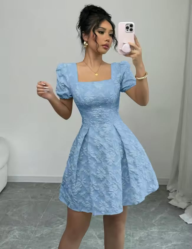 Vestidos boho mujer verano verão quadrado pescoço manga curta a linha vestido feminino escritório viajando versátil praia férias vestido