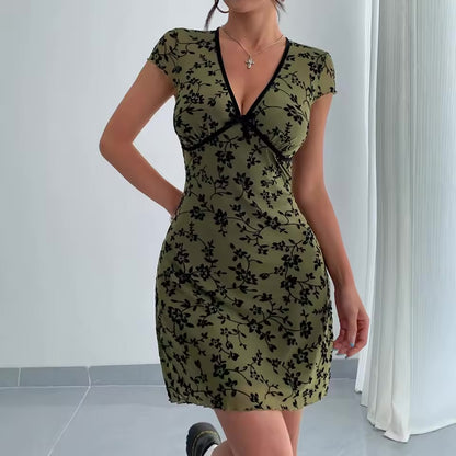 Vestido casual de verão verde floral profundo decote em V vestido arco viajando moda saia curta para mulheres