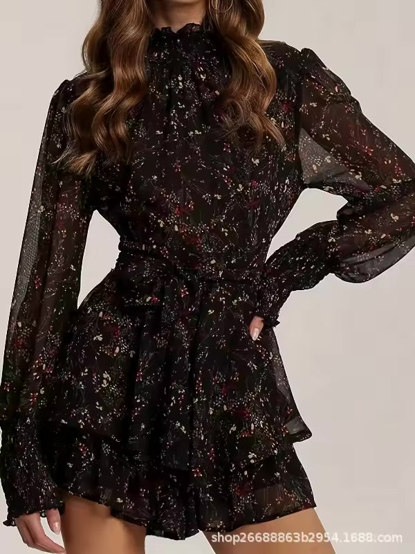 Mangas compridas vestido vestidos 2025 mulher vestido feminino floral impressão magro francês elegante doce temperamento deslocamento