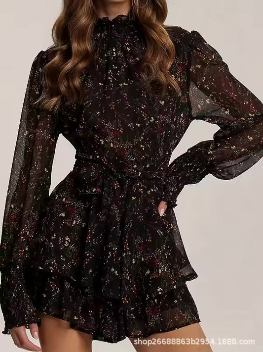 Mangas compridas vestido vestidos 2025 mulher vestido feminino floral impressão magro francês elegante doce temperamento deslocamento