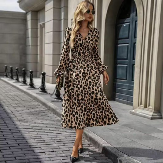 Vestidos Longos Formais Femininos com Decote em V e Manga Longa, Vestido com Estampa de Leopardo, Novo Vestido Elegante de Verão para Mulheres