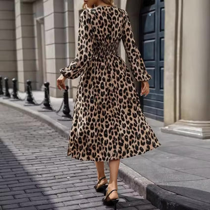 Vestidos Longos Formais Femininos com Decote em V e Manga Longa, Vestido com Estampa de Leopardo, Novo Vestido Elegante de Verão para Mulheres