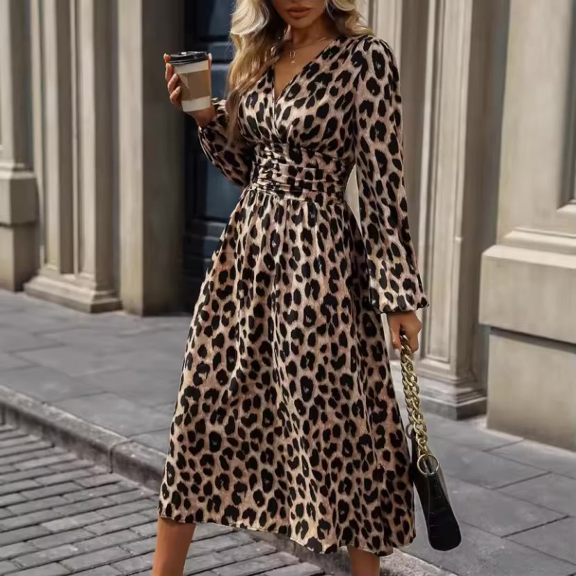 Vestidos Longos Formais Femininos com Decote em V e Manga Longa, Vestido com Estampa de Leopardo, Novo Vestido Elegante de Verão para Mulheres