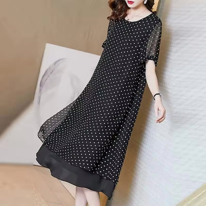 Vestido Longo de Chiffon de Verão com Mangas Curtas, Estilo Francês, Tamanho Grande, Solto, com Estampa de Bolinhas, Novo 2026