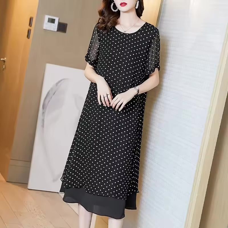Vestido Longo de Chiffon de Verão com Mangas Curtas, Estilo Francês, Tamanho Grande, Solto, com Estampa de Bolinhas, Novo 2026