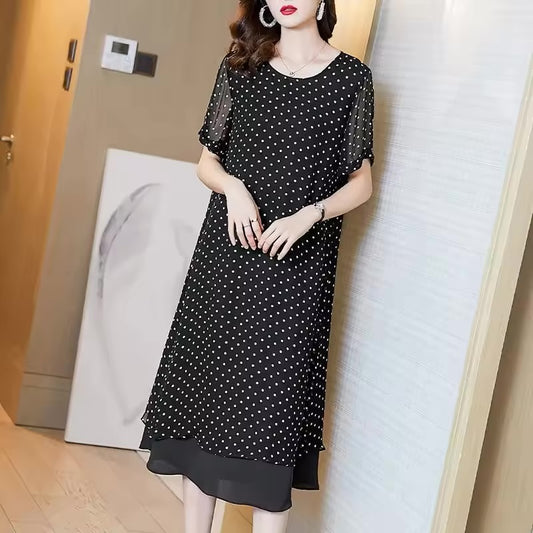 Vestido Longo de Chiffon de Verão com Mangas Curtas, Estilo Francês, Tamanho Grande, Solto, com Estampa de Bolinhas, Novo 2026