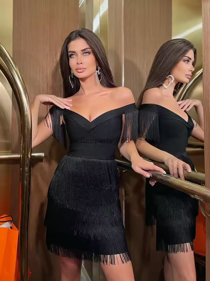 Mulheres vestidos de noite sexy grande decote em v um ombro franjas saia senhoras temperamento vestido fino manga curta clube vestido vestidos