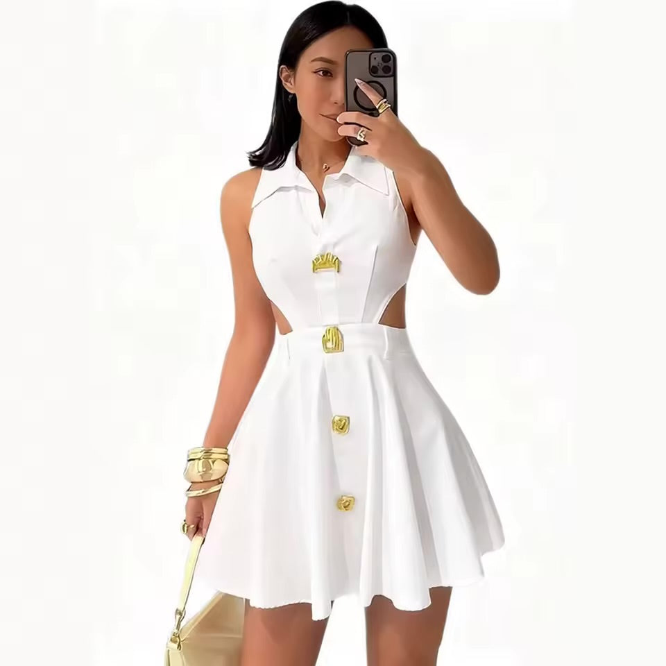 2026 vestido de fiesta mujer lapela cor sólida botão sem mangas colete elegante cintura vestido feminino fino a linha férias verão saia
