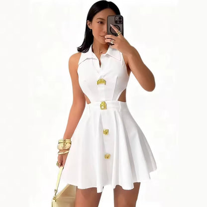 2026 vestido de fiesta mujer lapela cor sólida botão sem mangas colete elegante cintura vestido feminino fino a linha férias verão saia