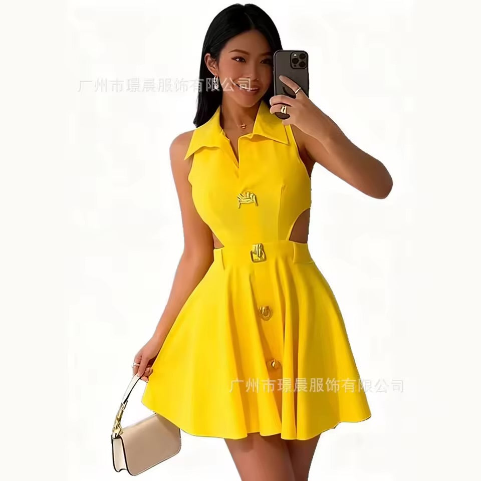 2026 vestido de fiesta mujer lapela cor sólida botão sem mangas colete elegante cintura vestido feminino fino a linha férias verão saia
