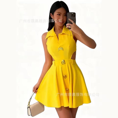 2026 vestido de fiesta mujer lapela cor sólida botão sem mangas colete elegante cintura vestido feminino fino a linha férias verão saia