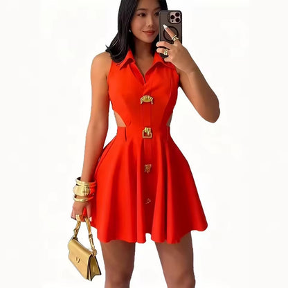 2026 vestido de fiesta mujer lapela cor sólida botão sem mangas colete elegante cintura vestido feminino fino a linha férias verão saia