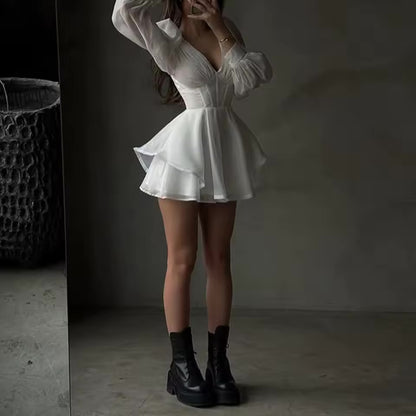 Twotwinstyle sólido emagrecimento moda vestidos para mulheres com decote em v mangas compridas retalhos babados temperamento vestido roupas femininas