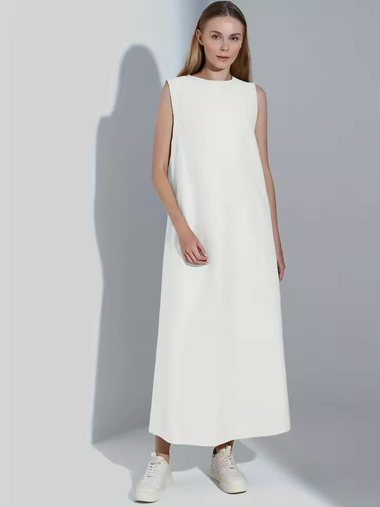 Vestido branco casual simples colete vestido solto em torno do pescoço drapeado saia reta