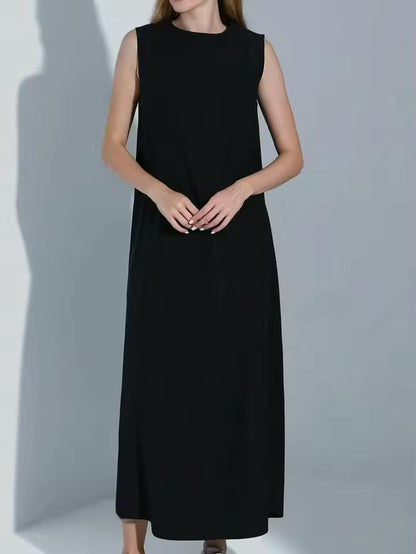 Vestido branco casual simples colete vestido solto em torno do pescoço drapeado saia reta