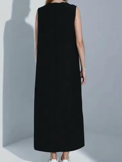 Vestido branco casual simples colete vestido solto em torno do pescoço drapeado saia reta
