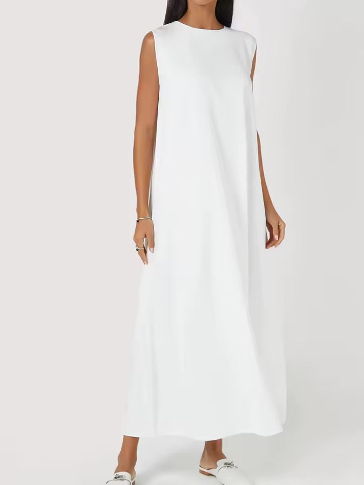 Vestido branco casual simples colete vestido solto em torno do pescoço drapeado saia reta