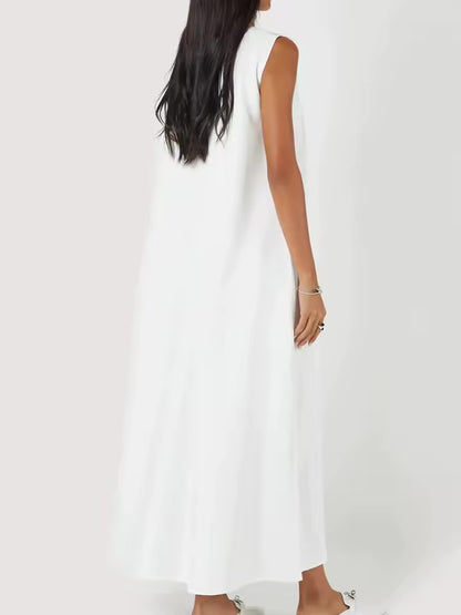 Vestido branco casual simples colete vestido solto em torno do pescoço drapeado saia reta