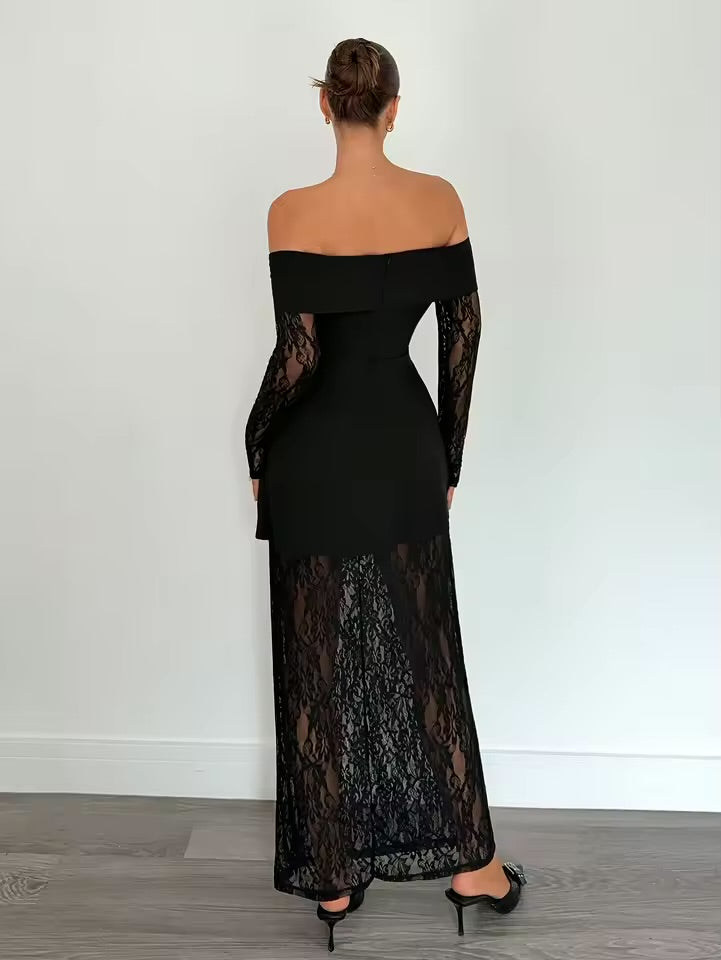 Vestidos de Verão Femininos Novos Vestidos de Manga Longa para Mulheres Vestido Preto com Decote Slash Vestido Elegante em Patchwork para Mulheres 2026 Q1827