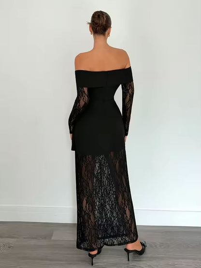 Vestidos de Verão Femininos Novos Vestidos de Manga Longa para Mulheres Vestido Preto com Decote Slash Vestido Elegante em Patchwork para Mulheres 2026 Q1827