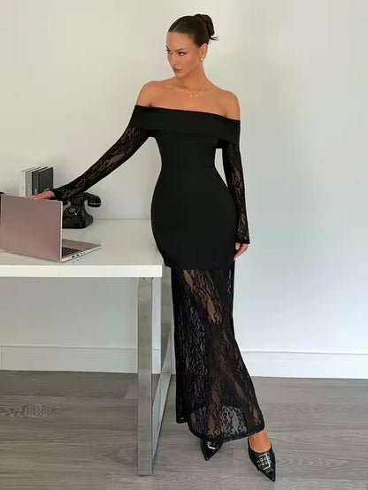 Vestidos de Verão Femininos Novos Vestidos de Manga Longa para Mulheres Vestido Preto com Decote Slash Vestido Elegante em Patchwork para Mulheres 2026 Q1827
