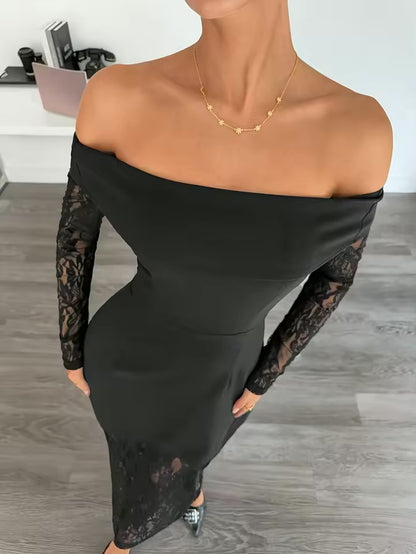 Vestidos de Verão Femininos Novos Vestidos de Manga Longa para Mulheres Vestido Preto com Decote Slash Vestido Elegante em Patchwork para Mulheres 2026 Q1827