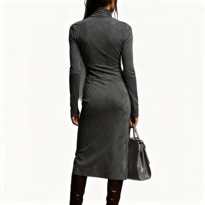 Vestido Midi de Veludo com Gola Alta, Manga Longa, Cor Sólida, Estilo Casual Chic, Ajuste Slim, Vestido de Moda para Saídas