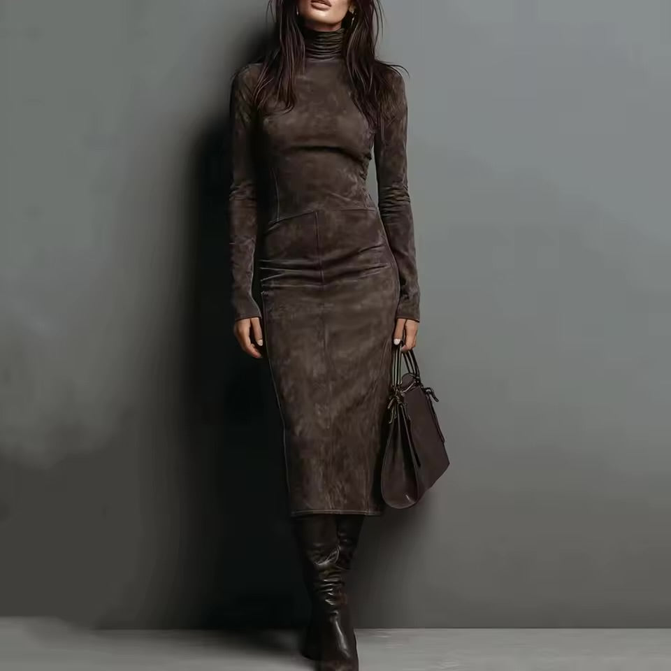 Vestido Midi de Veludo com Gola Alta, Manga Longa, Cor Sólida, Estilo Casual Chic, Ajuste Slim, Vestido de Moda para Saídas