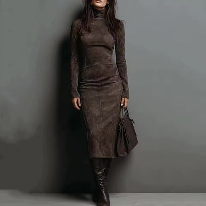 Vestido Midi de Veludo com Gola Alta, Manga Longa, Cor Sólida, Estilo Casual Chic, Ajuste Slim, Vestido de Moda para Saídas