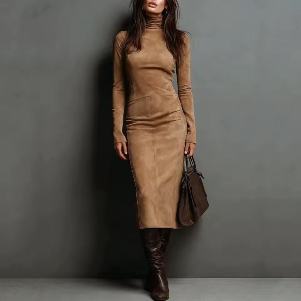 Vestido Midi de Veludo com Gola Alta, Manga Longa, Cor Sólida, Estilo Casual Chic, Ajuste Slim, Vestido de Moda para Saídas