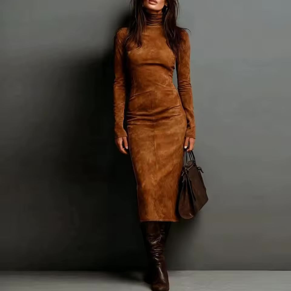 Vestido Midi de Veludo com Gola Alta, Manga Longa, Cor Sólida, Estilo Casual Chic, Ajuste Slim, Vestido de Moda para Saídas