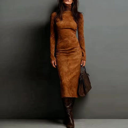 Vestido Midi de Veludo com Gola Alta, Manga Longa, Cor Sólida, Estilo Casual Chic, Ajuste Slim, Vestido de Moda para Saídas