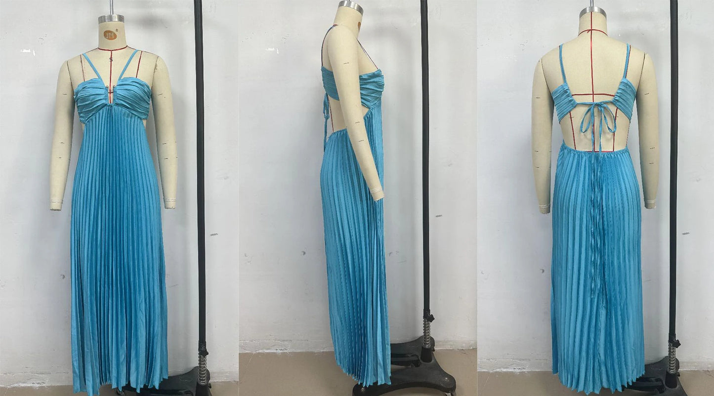Blue Pleated Halter Long Dress Women Solid Sleeveless Backless Lace-up Maxi Dress Summer Chic Beach Vacation Party Vestidos Robe