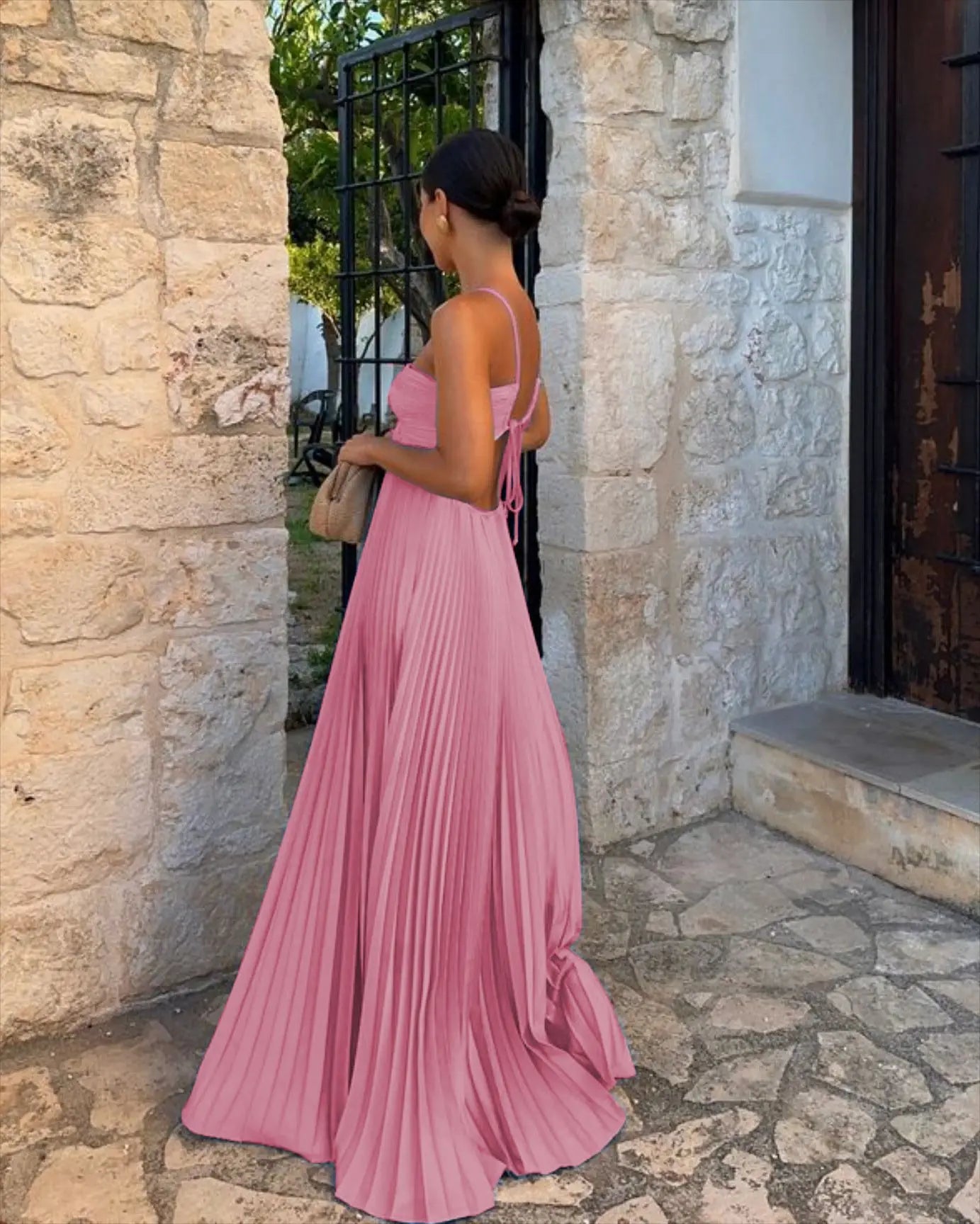 Blue Pleated Halter Long Dress Women Solid Sleeveless Backless Lace-up Maxi Dress Summer Chic Beach Vacation Party Vestidos Robe