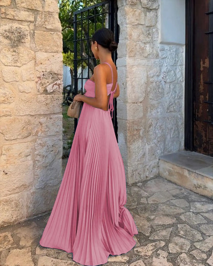 Blue Pleated Halter Long Dress Women Solid Sleeveless Backless Lace-up Maxi Dress Summer Chic Beach Vacation Party Vestidos Robe