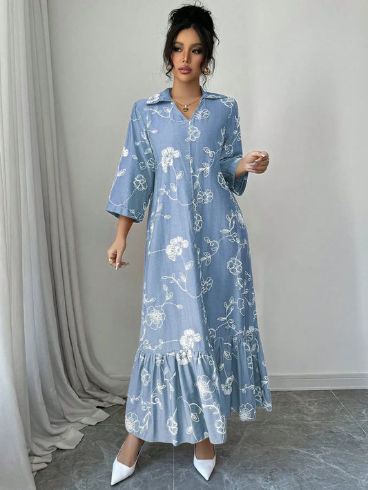 Elegant Floral Embroidered Long Shirt Dress For Women