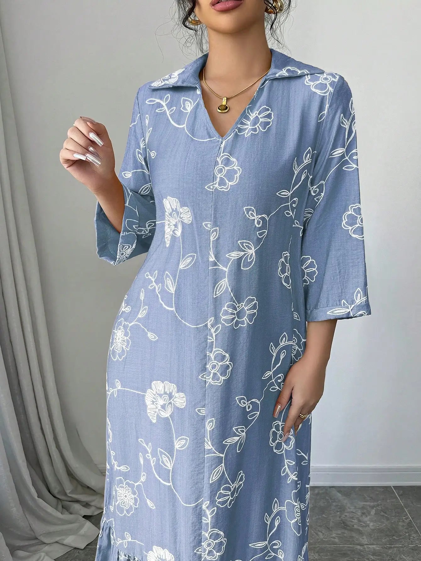Elegant Floral Embroidered Long Shirt Dress For Women