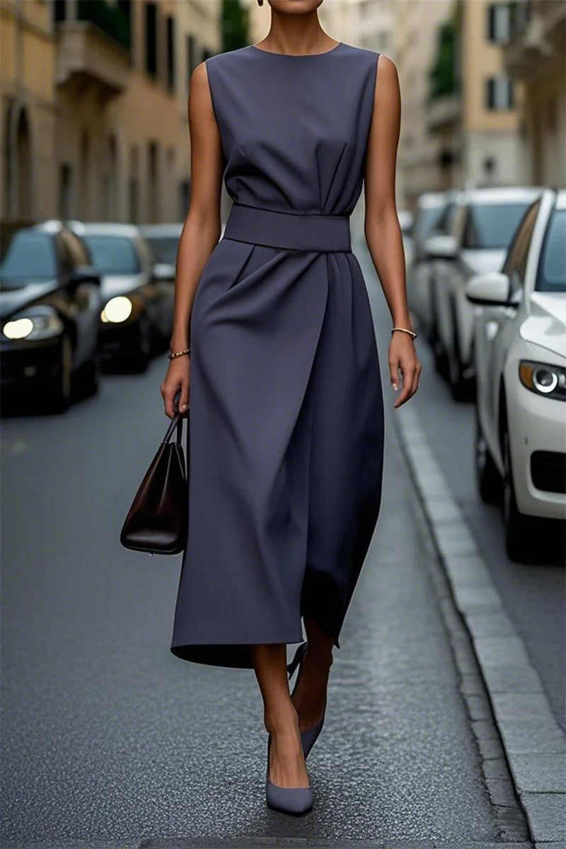 Women Elegant Style Party Prom Dress Summer Sexy Sleeveless Fashion Casual Irregular Hem Midi Dresses Ladies Solid Color Vestido