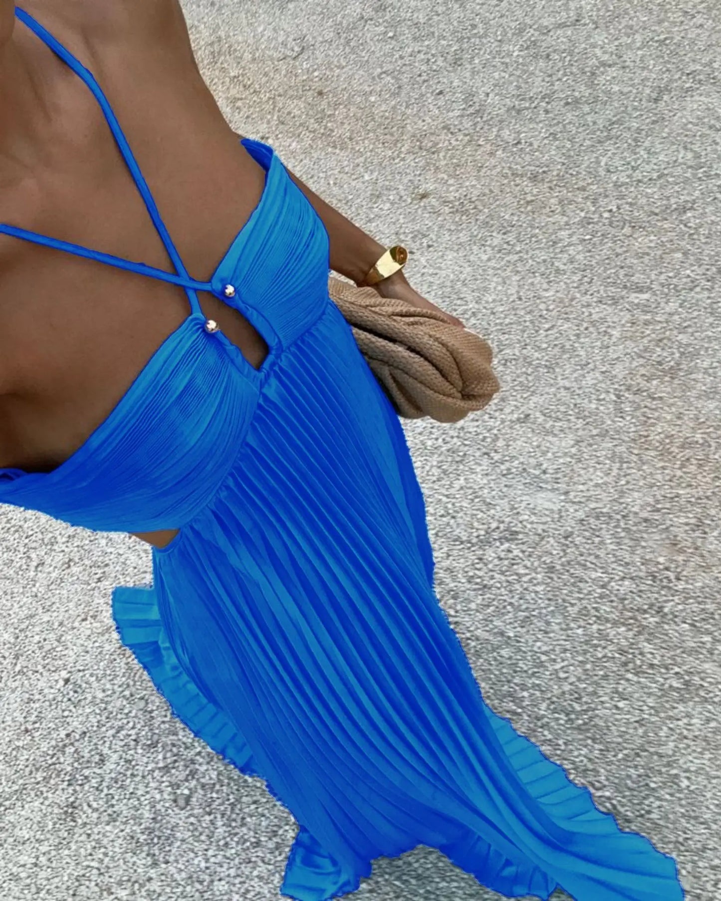 Blue Pleated Halter Long Dress Women Solid Sleeveless Backless Lace-up Maxi Dress Summer Chic Beach Vacation Party Vestidos Robe