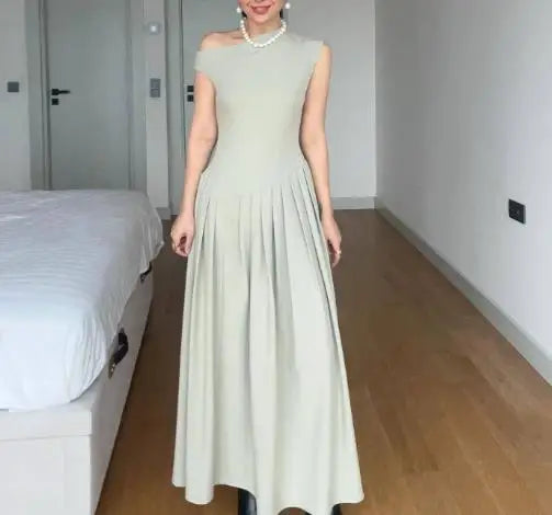 Dresses Women's 2026 New Fashion Female Clothing Summer Round Neck Short Sleeve Patchwork Asymmetrical Pleated High Waist Dress