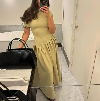 Dresses Women's 2026 New Fashion Female Clothing Summer Round Neck Short Sleeve Patchwork Asymmetrical Pleated High Waist Dress