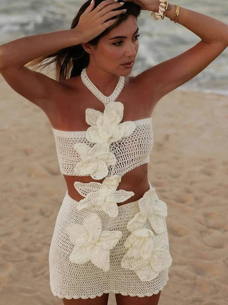 3D Flower Hollow Out Knit Halter Mini Dress Women Sleeveless Backless Bodycon Dress Summer Fashion Crochet Knitted Beach Dresses