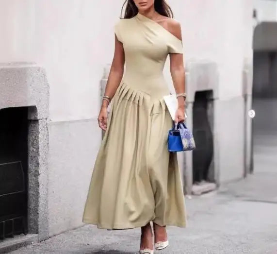 Dresses Women's 2026 New Fashion Female Clothing Summer Round Neck Short Sleeve Patchwork Asymmetrical Pleated High Waist Dress